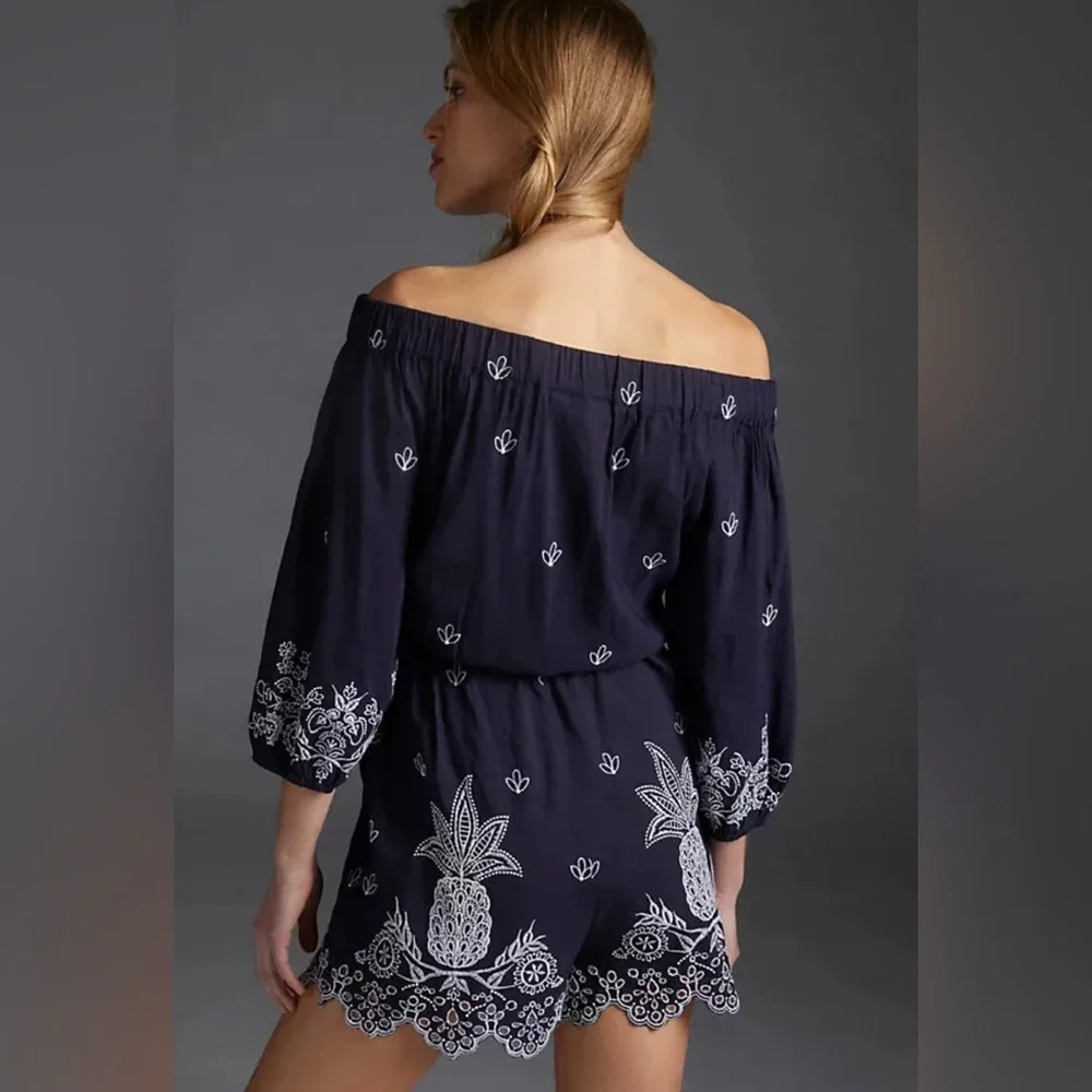 Farm Rio Embroidered Linen Romper Pineapple Anthropologie Jackie Navy Size S NEW - Picture 2 of 5